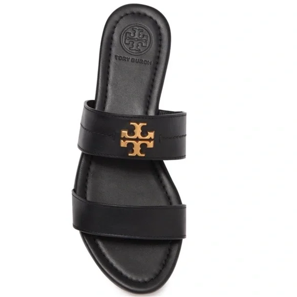 Tory Burch Black Leather Slides with Gold Emblem - Picture 3 of 5